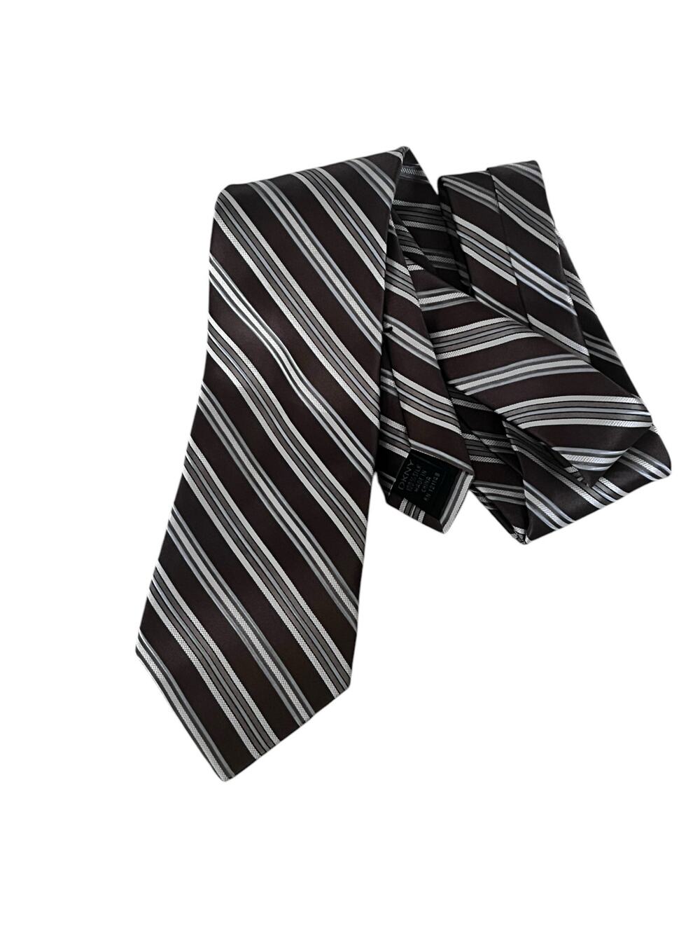DKNY bronze, gold blue striped tie 100% silk with 3.5 inches Designer